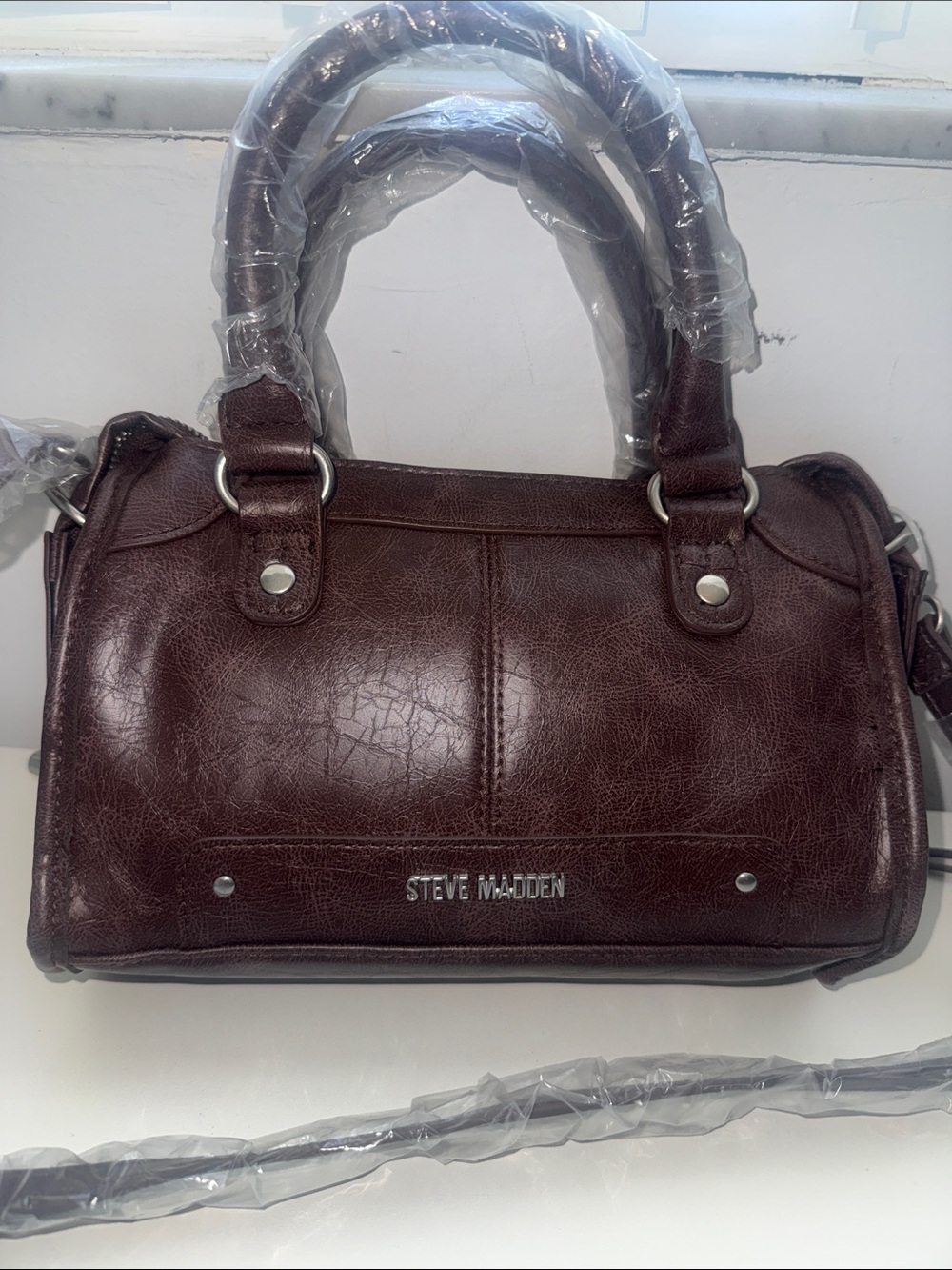 Steve Madden Dark Brown Faux-Leather Satchel with Top Handles